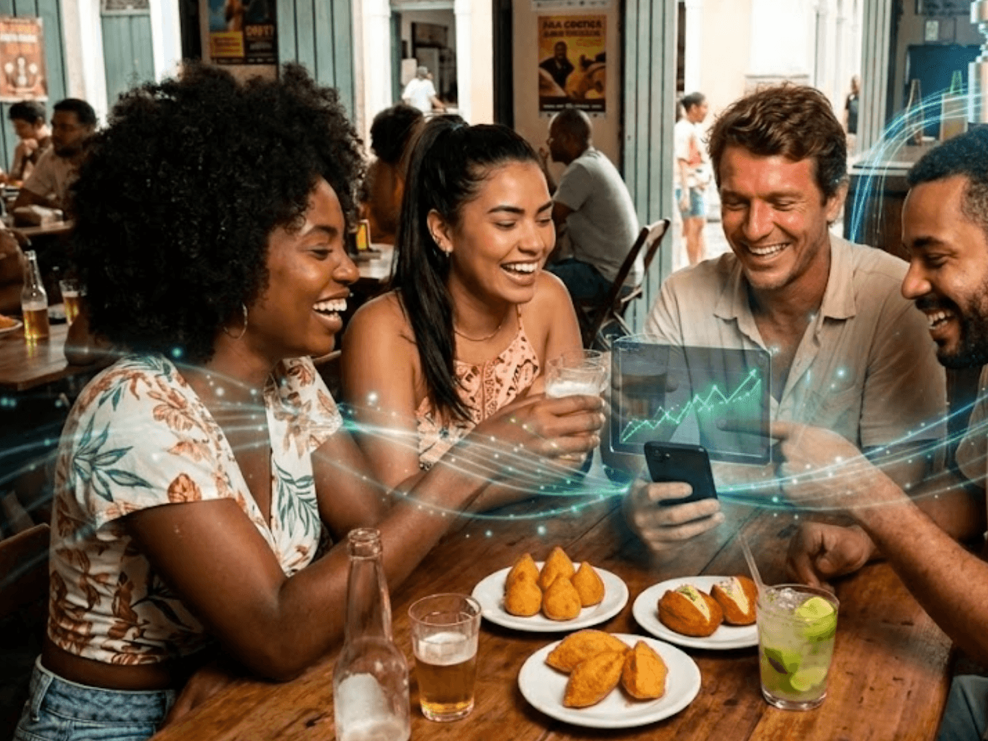Grupo de amigos em restaurante com tablet mostrando gráficos e efeitos visuais de IA
