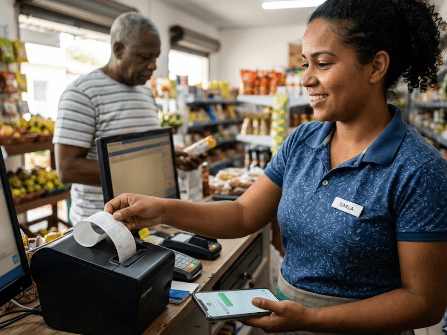 Operadora de caixa imprimindo cupom fiscal e conferindo no celular