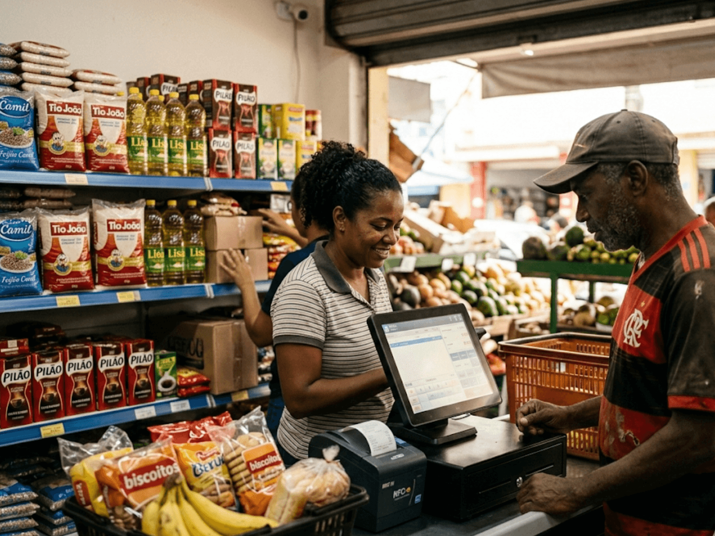 Atendente passando produto no leitor de código de barras no caixa do mercado