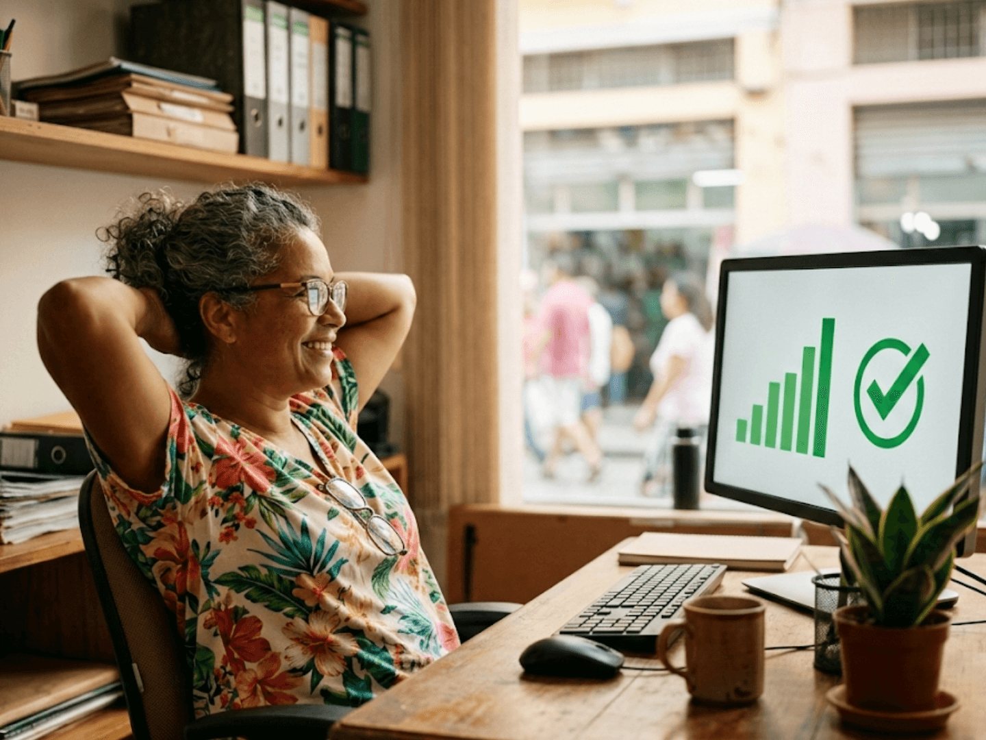 Empreendedora satisfeita no escritório com sistema de gestão mostrando gráficos no computador