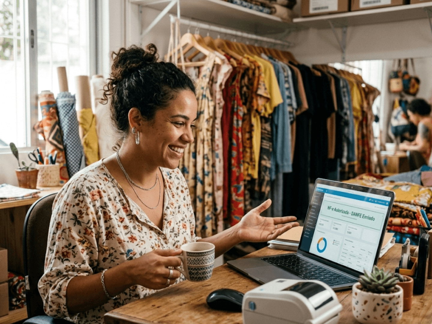 Lojista visualizando nota fiscal emitida no laptop com impressora ao lado