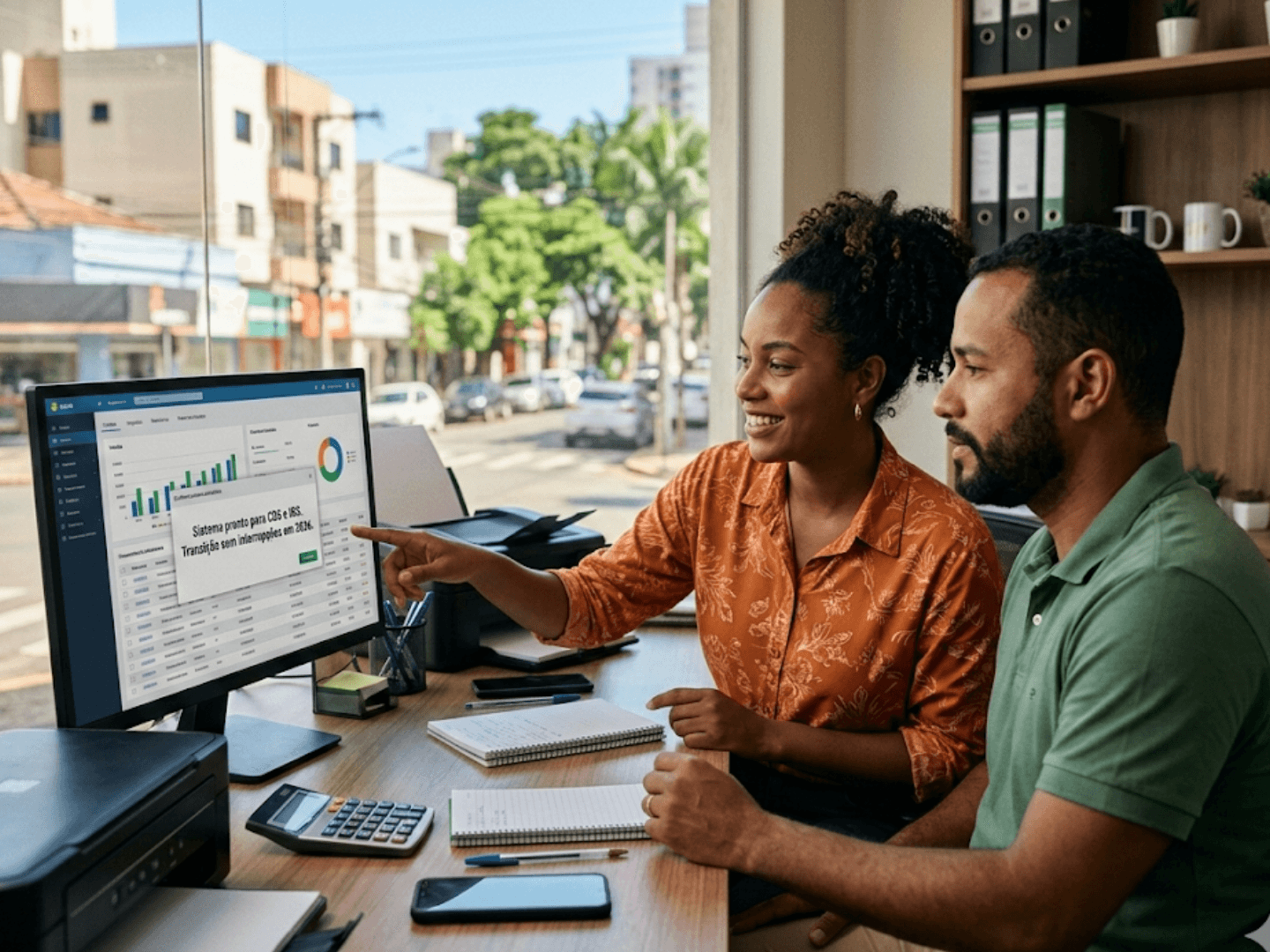Casal de empreendedores analisando dashboard fiscal no computador do escritório