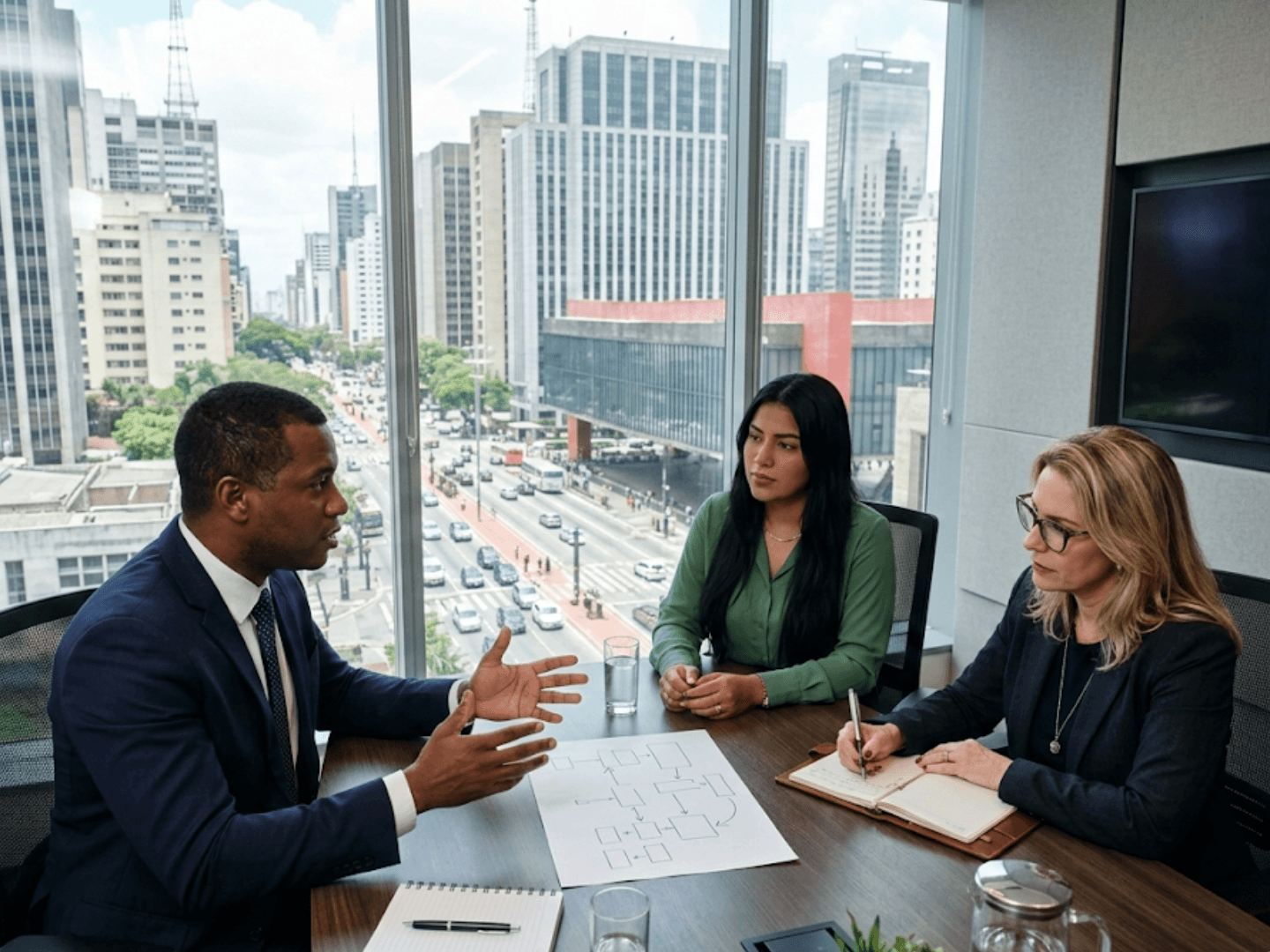 Reunião de negócios entre profissionais em escritório com vista da cidade