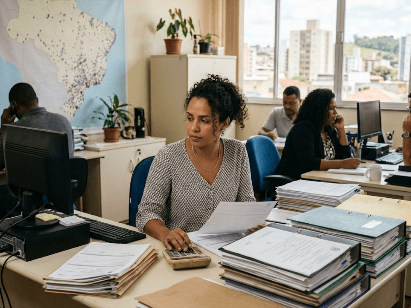 Escritório contábil com profissional consultando documentos e mapa do Brasil ao fundo