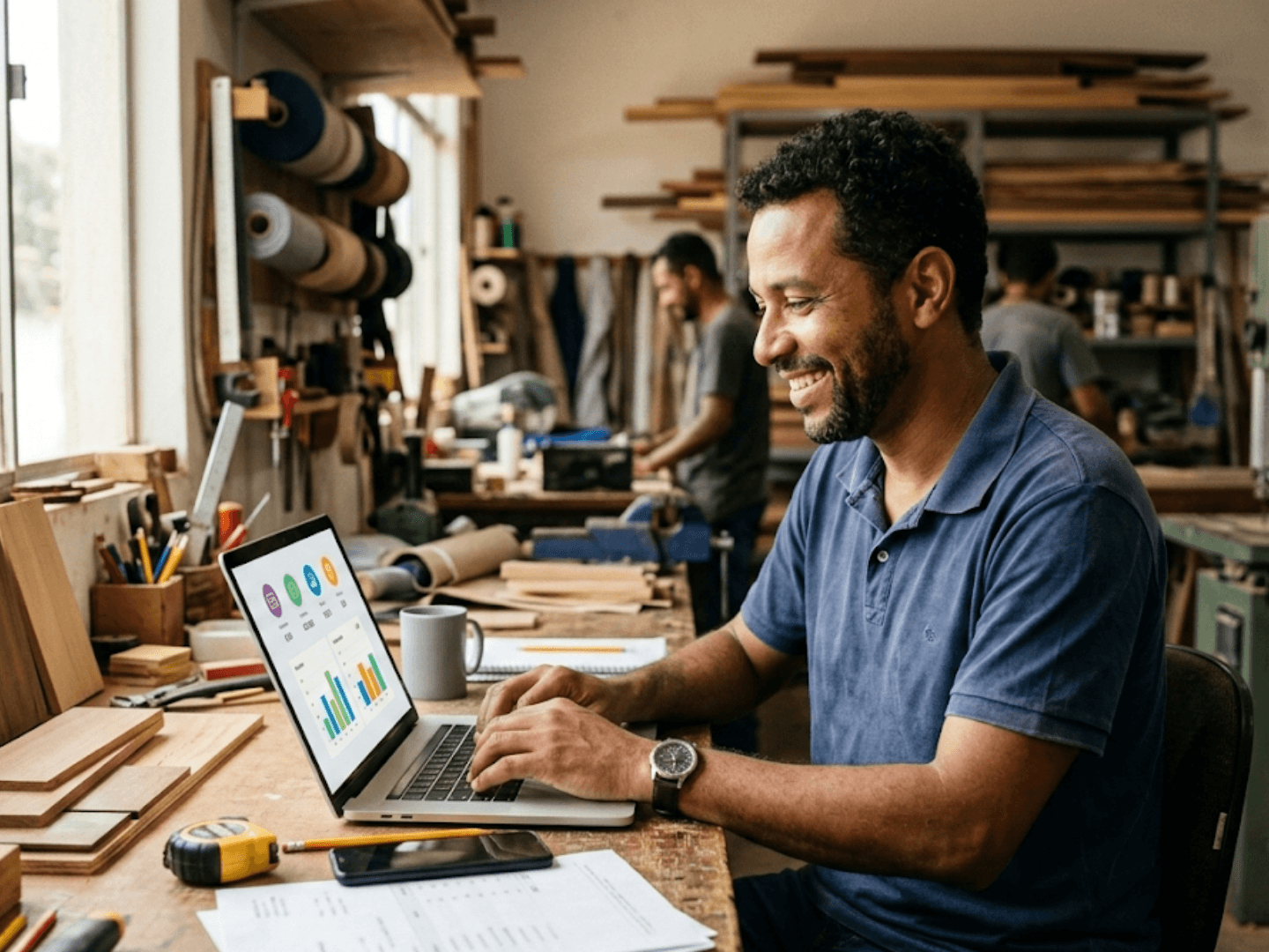 Marceneiro utilizando notebook com relatórios financeiros na oficina