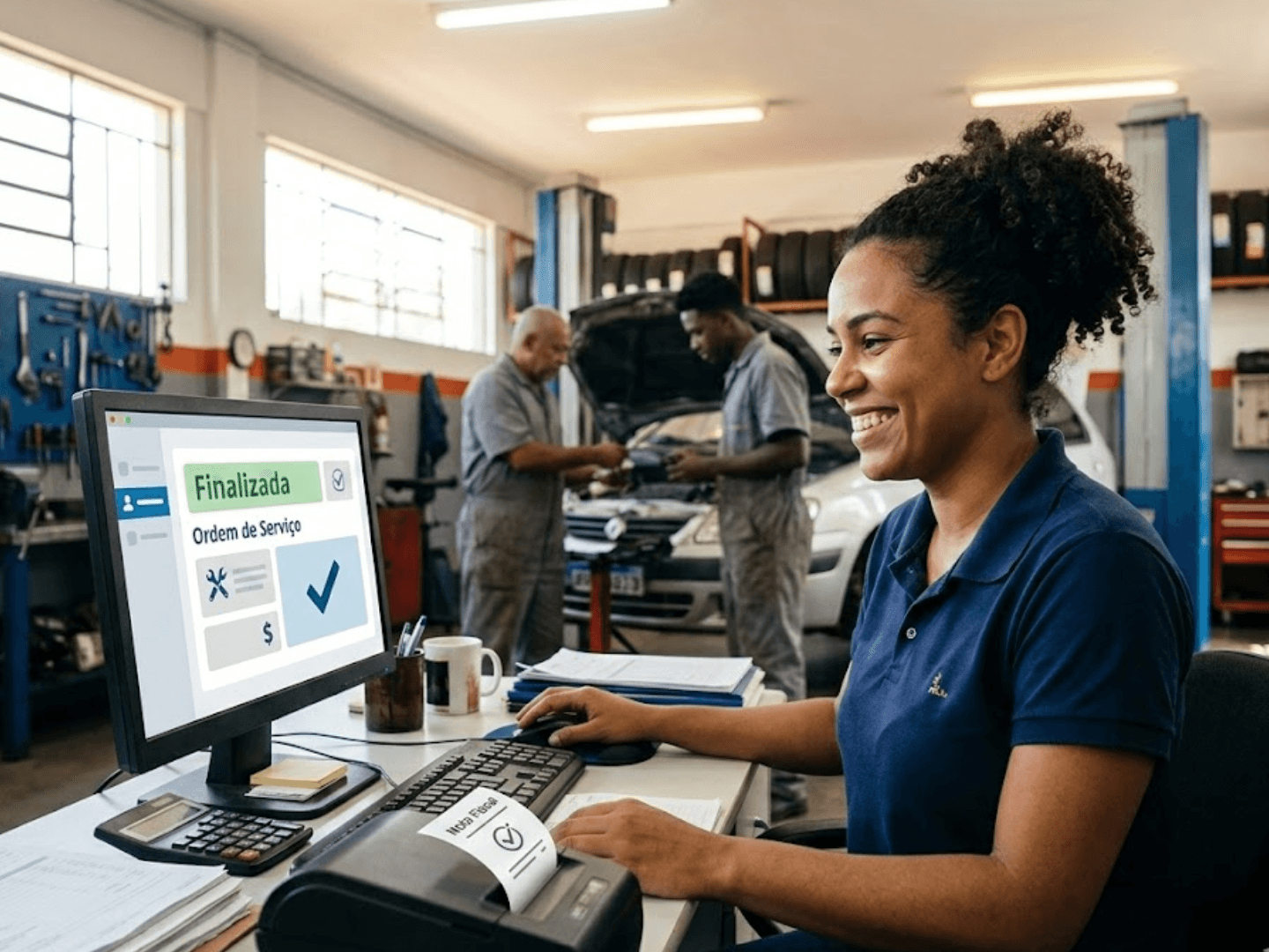 Atendente finalizando ordem de serviço no computador com nota fiscal gerada na oficina