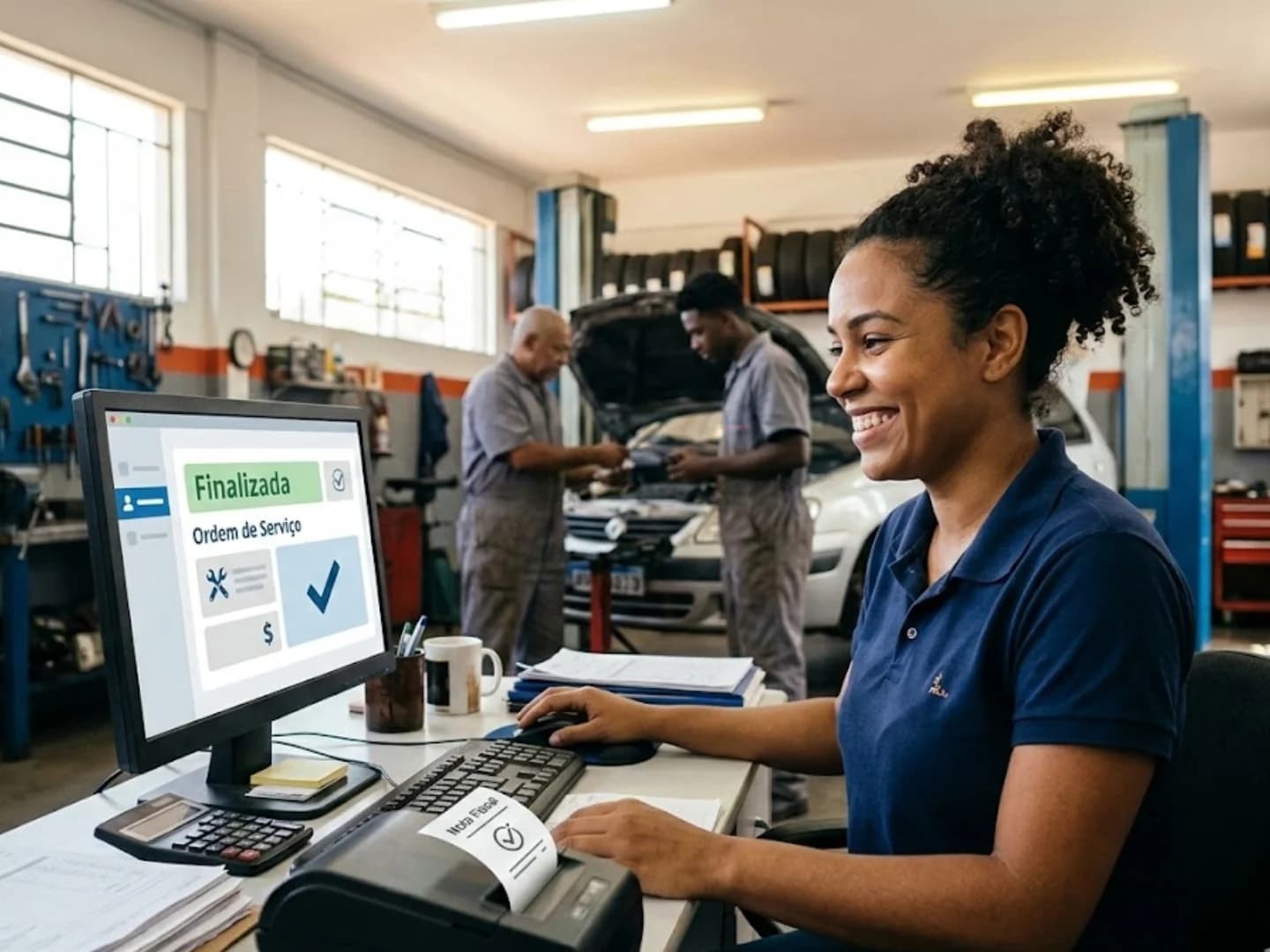 Atendente finalizando ordem de serviço no computador com nota fiscal gerada na oficina