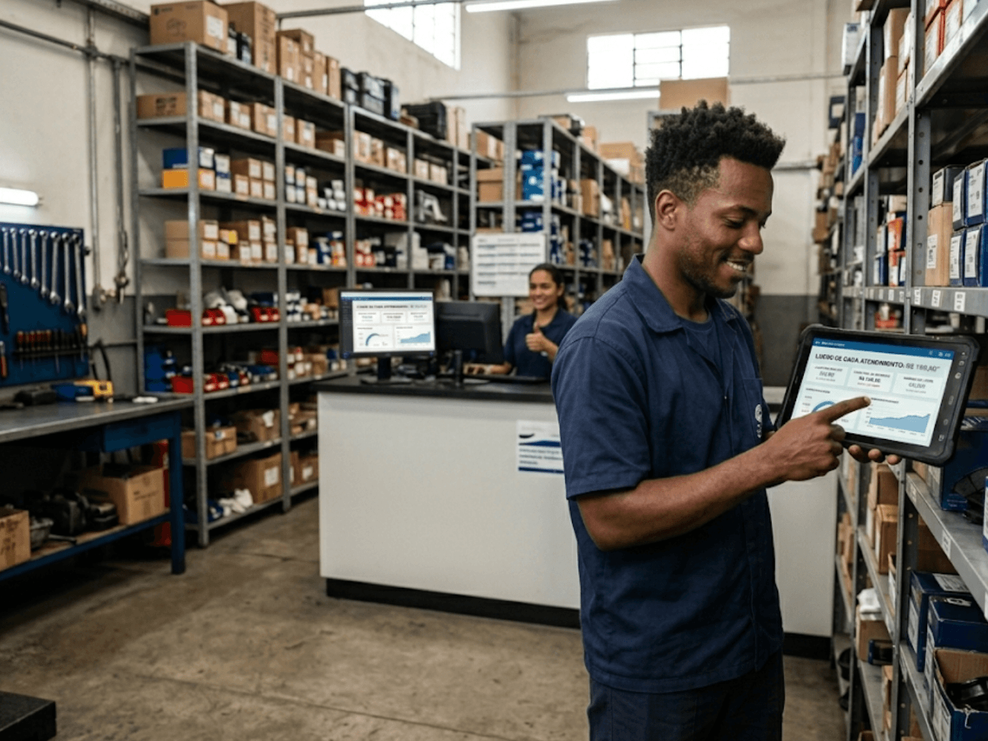 Funcionário consultando disponibilidade de peças no tablet dentro do almoxarifado