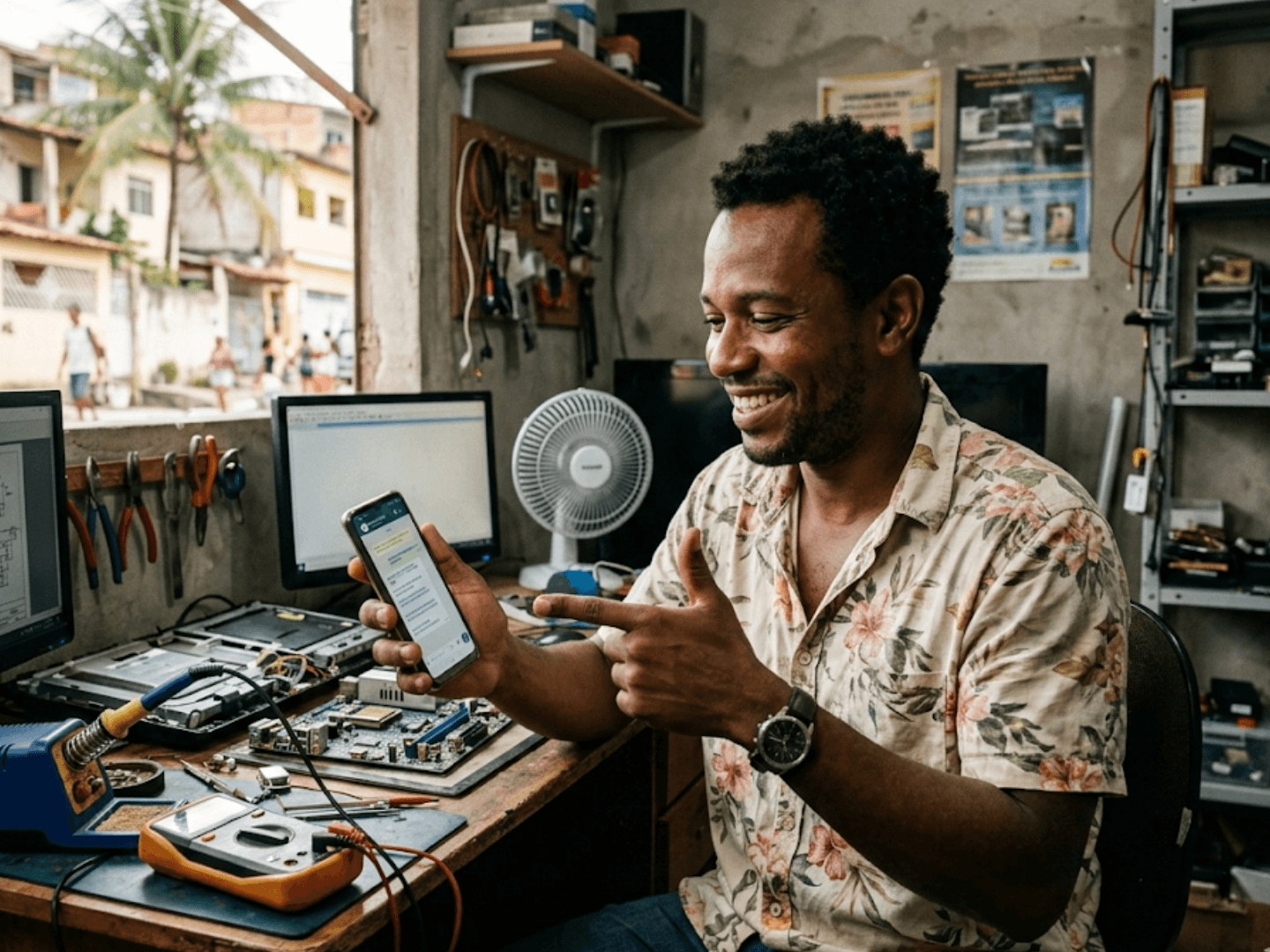 Técnico de eletrônica enviando orçamento de OS pelo WhatsApp ao cliente