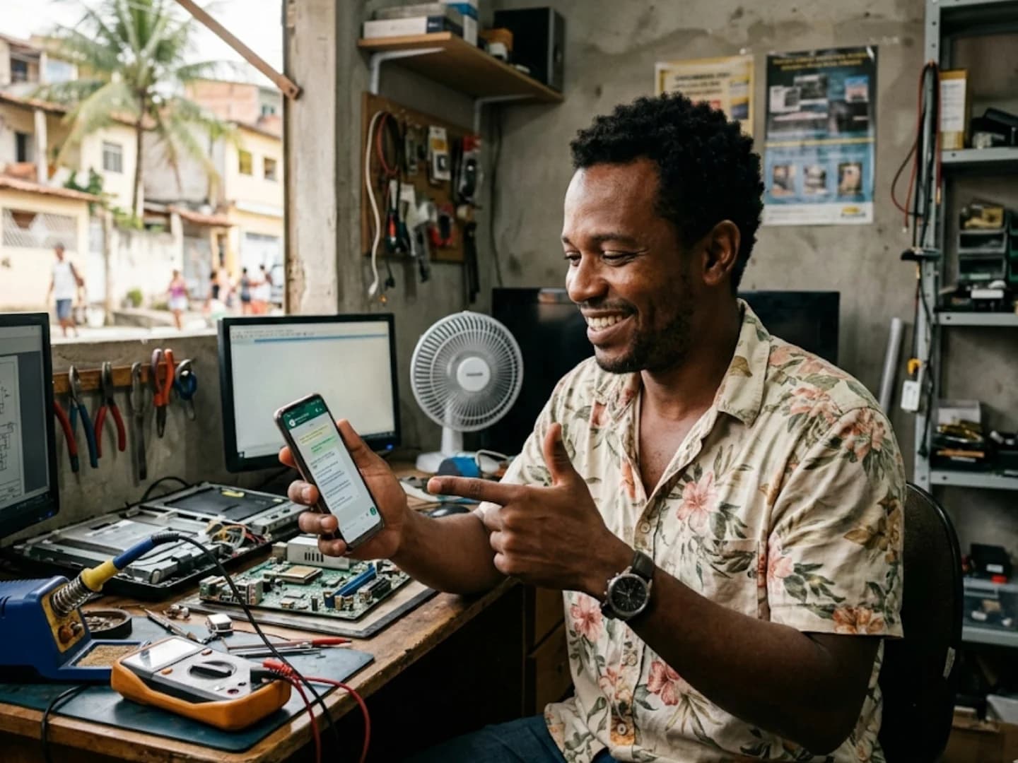 Técnico de eletrônica enviando orçamento de OS pelo WhatsApp ao cliente