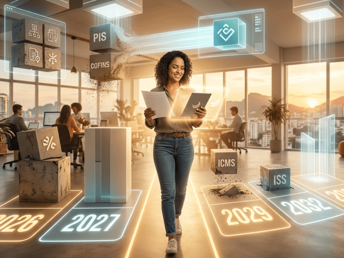 Equipe analisando dashboard com dados da transição tributária