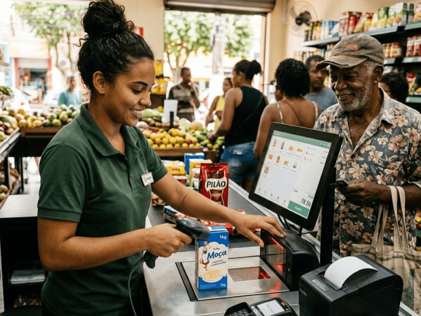 Operadora de caixa passando produto no leitor com sistema PDV na tela