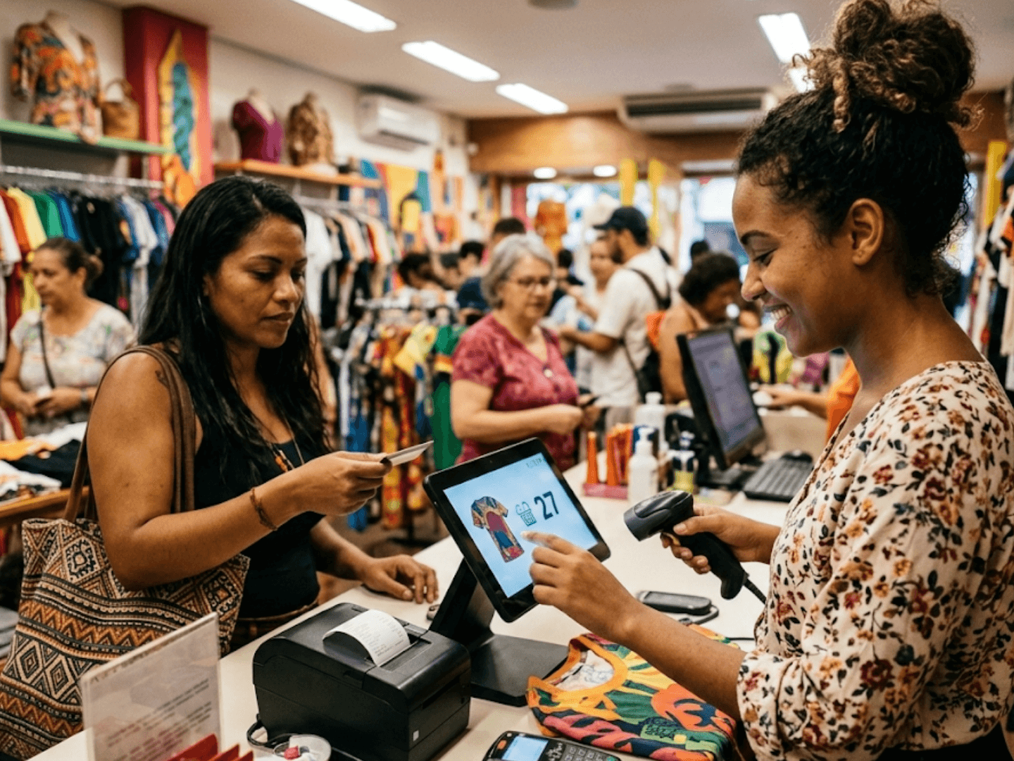 Cliente finalizando compra no PDV com tablet mostrando catálogo de produtos