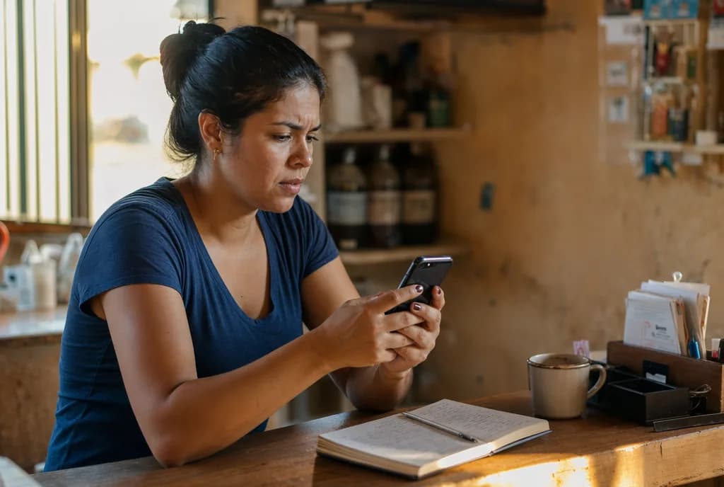 Empreendedora MEI concentrada olhando o celular no balcão do próprio negócio, com caderno de anotações e xícara de café ao lado