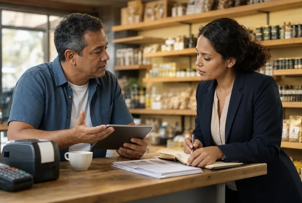 Comerciante de camisa azul conversa com contadora de blazer no balcão de uma loja de produtos naturais, com tablet, papéis e maquininha sobre a bancada