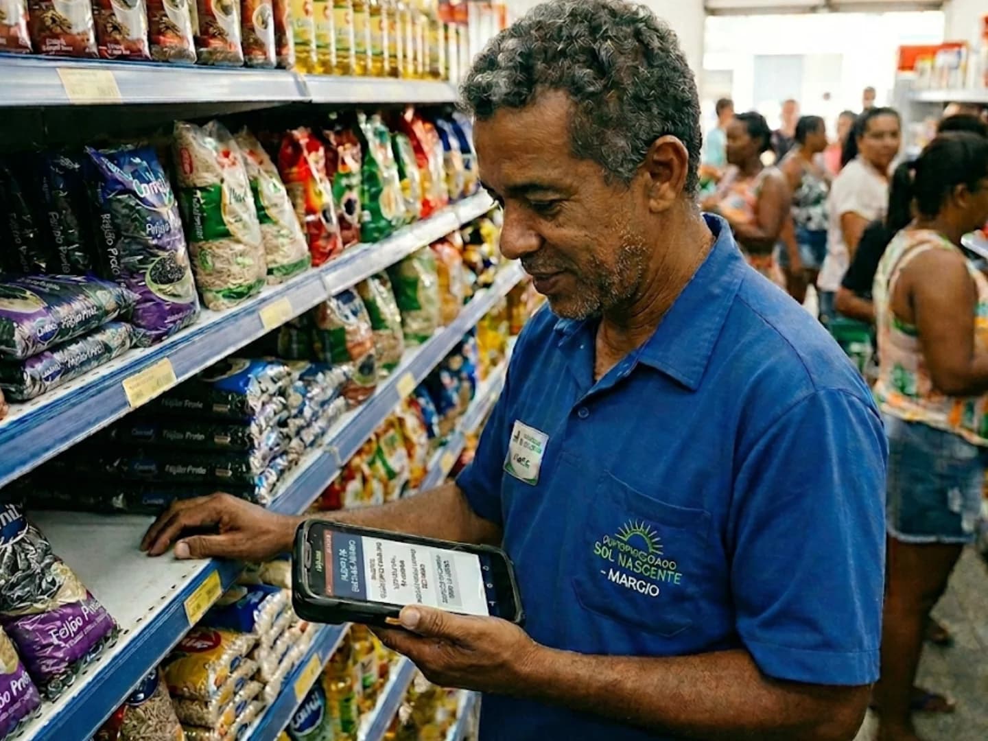 Repositor conferindo nível de estoque na prateleira com coletor de dados