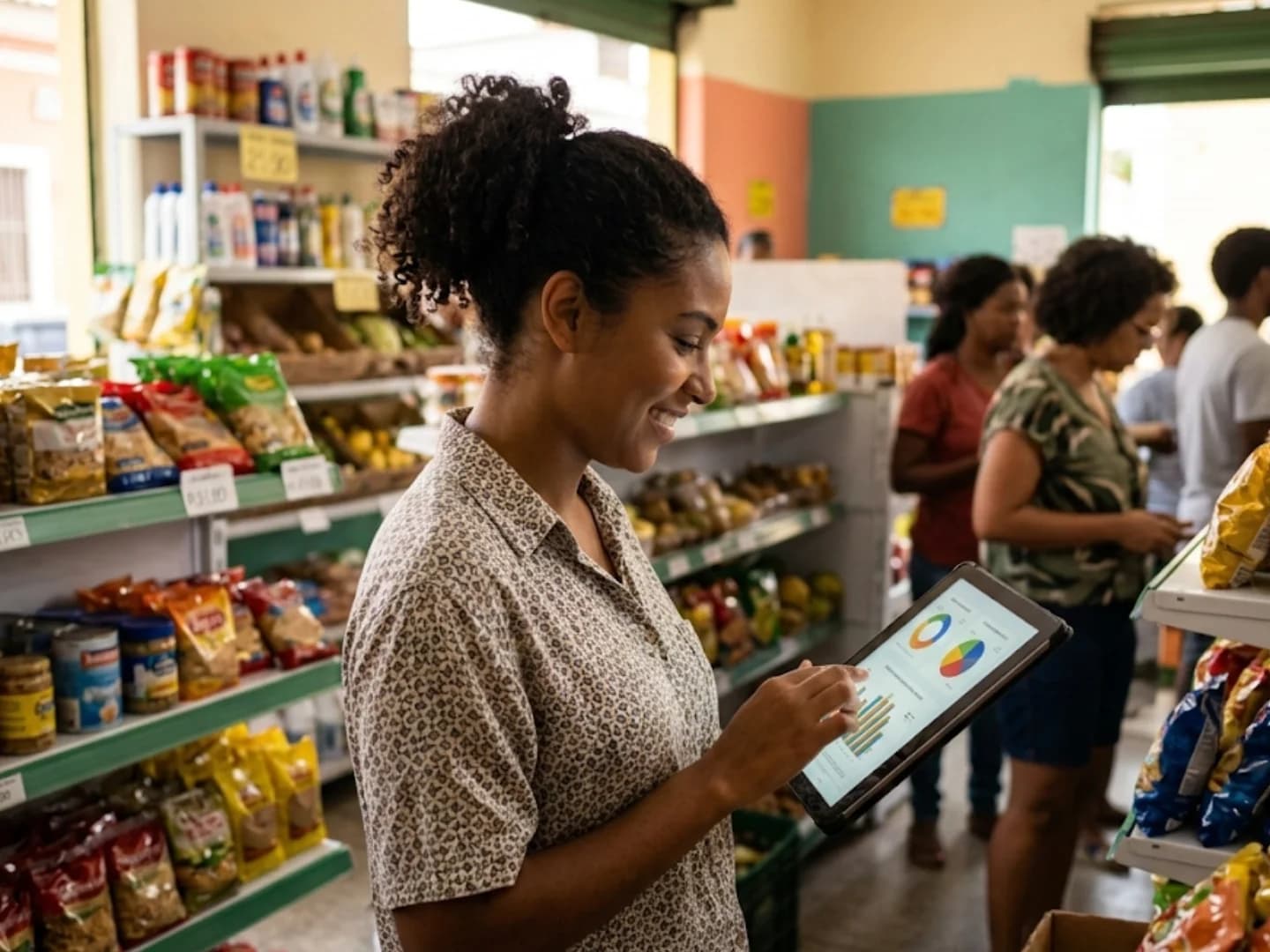 Empreendedora consultando relatório de estoque com gráficos no tablet dentro da loja