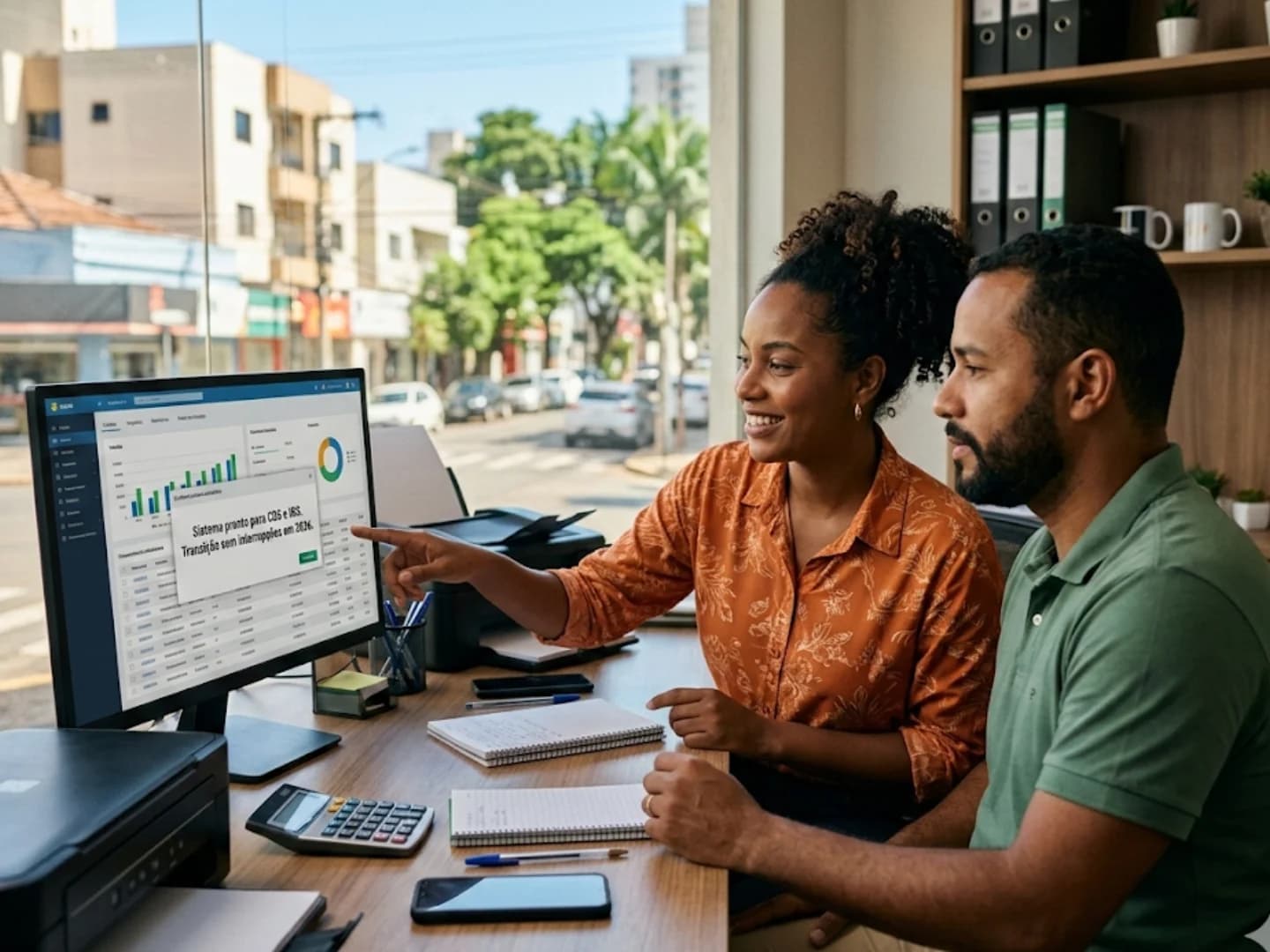 Casal de empreendedores analisando dashboard fiscal no computador do escritório